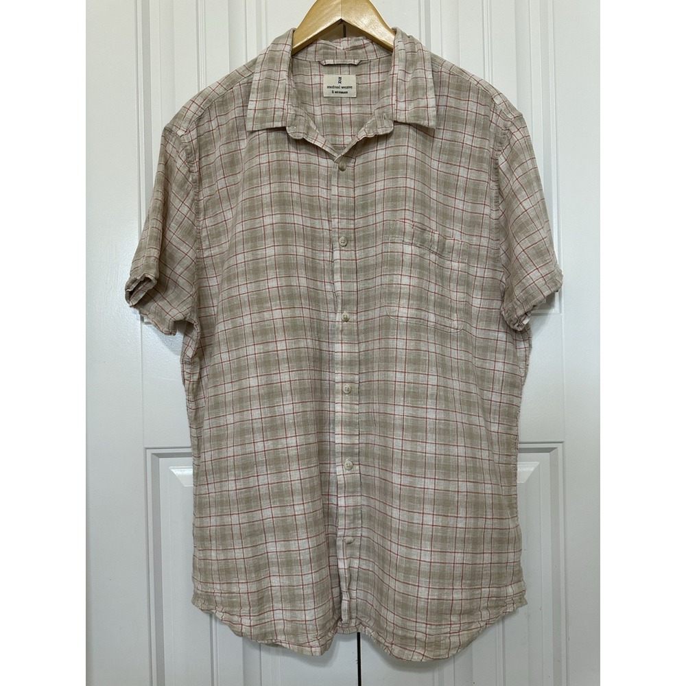 Mutual Weave Men's Shirt XL Beige Linen Cotton Blend Strip Plaid Casual Classic
